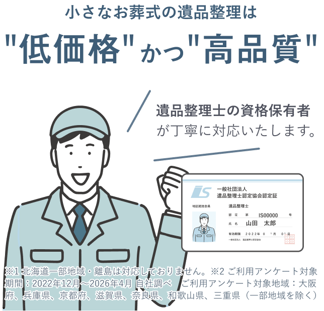 小さなお葬式の遺品整理は低価格かつ高品質 遺品整理士の資格保有者が丁寧に対応いたします。